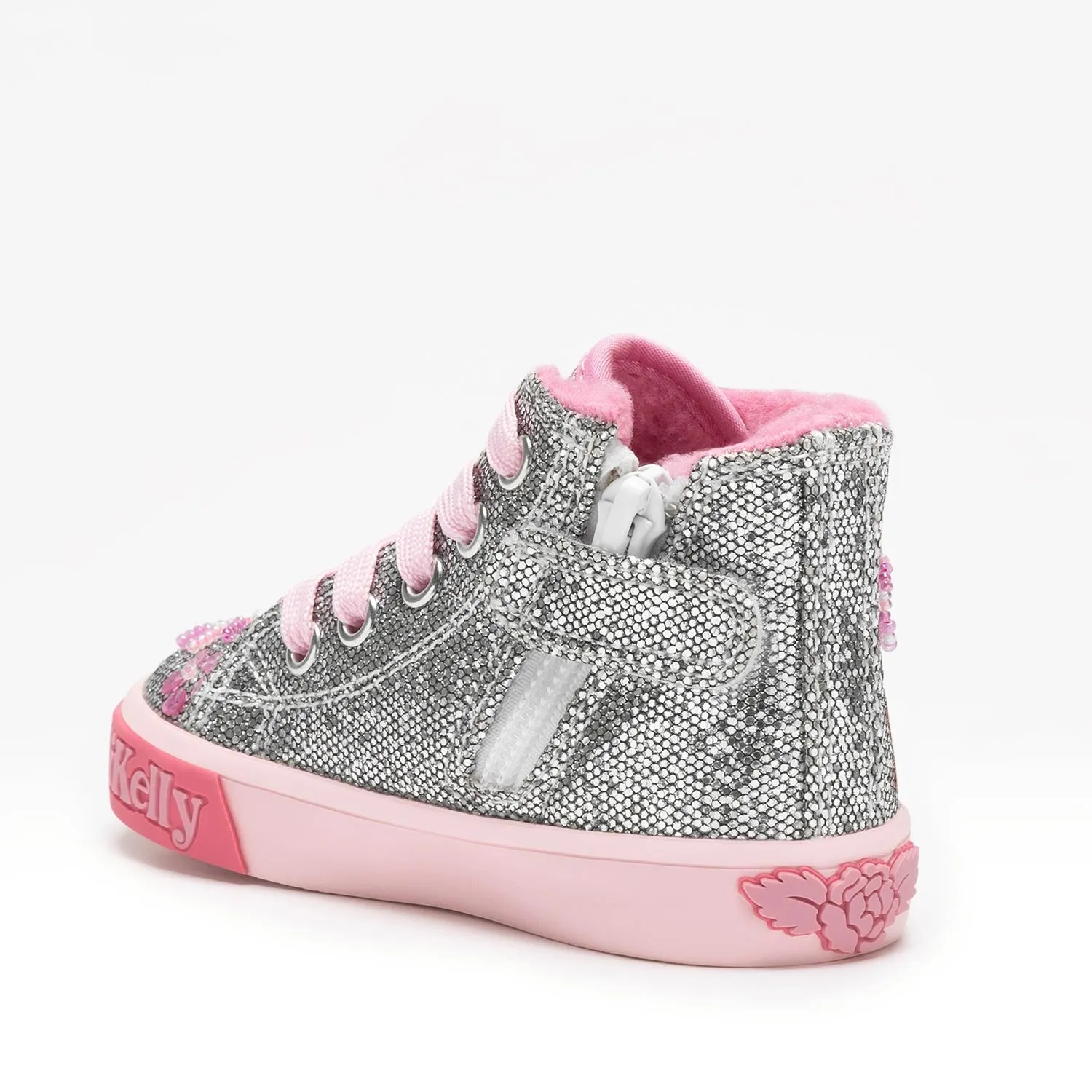 Baby Girls Dafne Flat Mid Top Baseball Trainers In Pewter Silver Glitter With Pink Fleece Lining