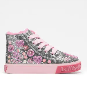 Baby Girls Dafne Flat Mid Top Baseball Trainers In Pewter Silver Glitter With Pink Fleece Lining