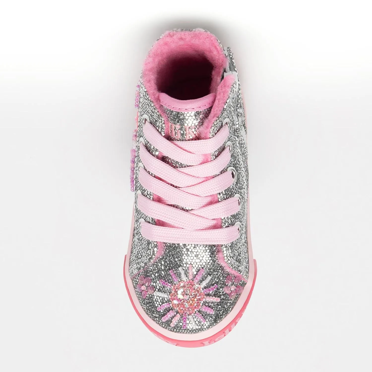 Baby Girls Dafne Flat Mid Top Baseball Trainers In Pewter Silver Glitter With Pink Fleece Lining