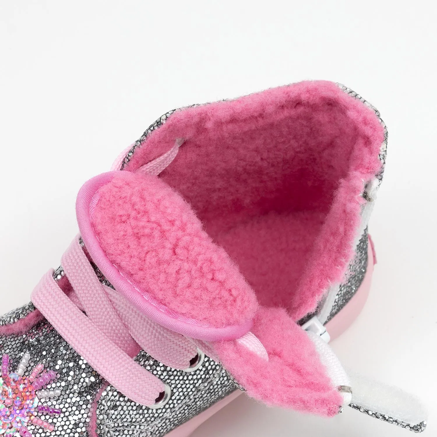 Baby Girls Dafne Flat Mid Top Baseball Trainers In Pewter Silver Glitter With Pink Fleece Lining