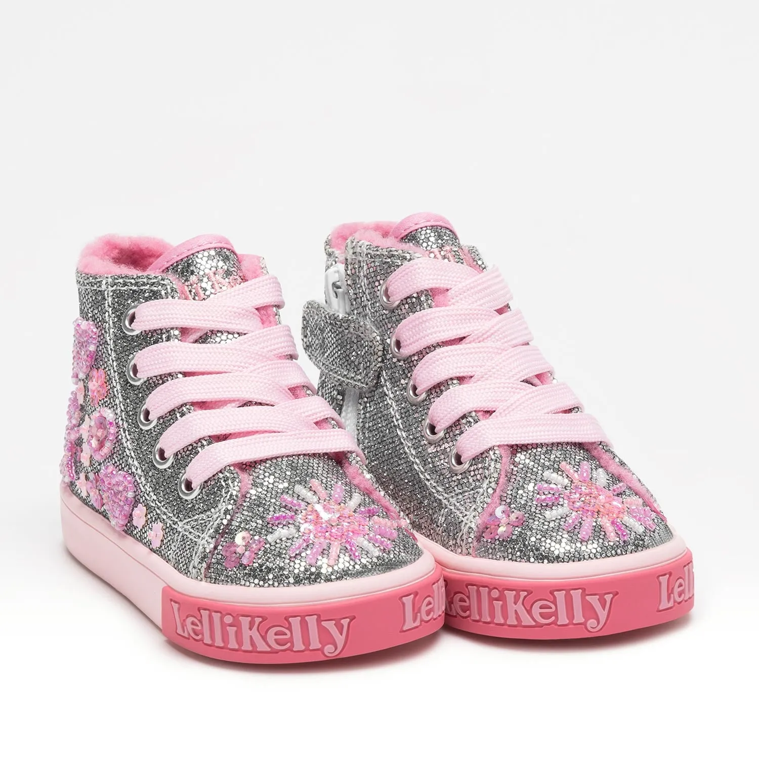 Baby Girls Dafne Flat Mid Top Baseball Trainers In Pewter Silver Glitter With Pink Fleece Lining