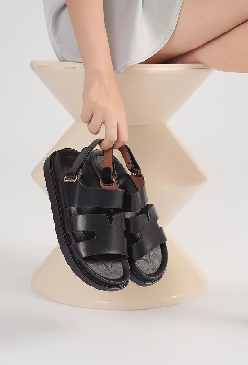 BLACK CUT OUT DETAIL SOFT SOLE FLAT SLIDERS SANDALS