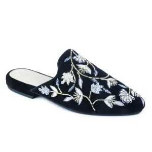 Black Embroidered Floral Velvet Mules