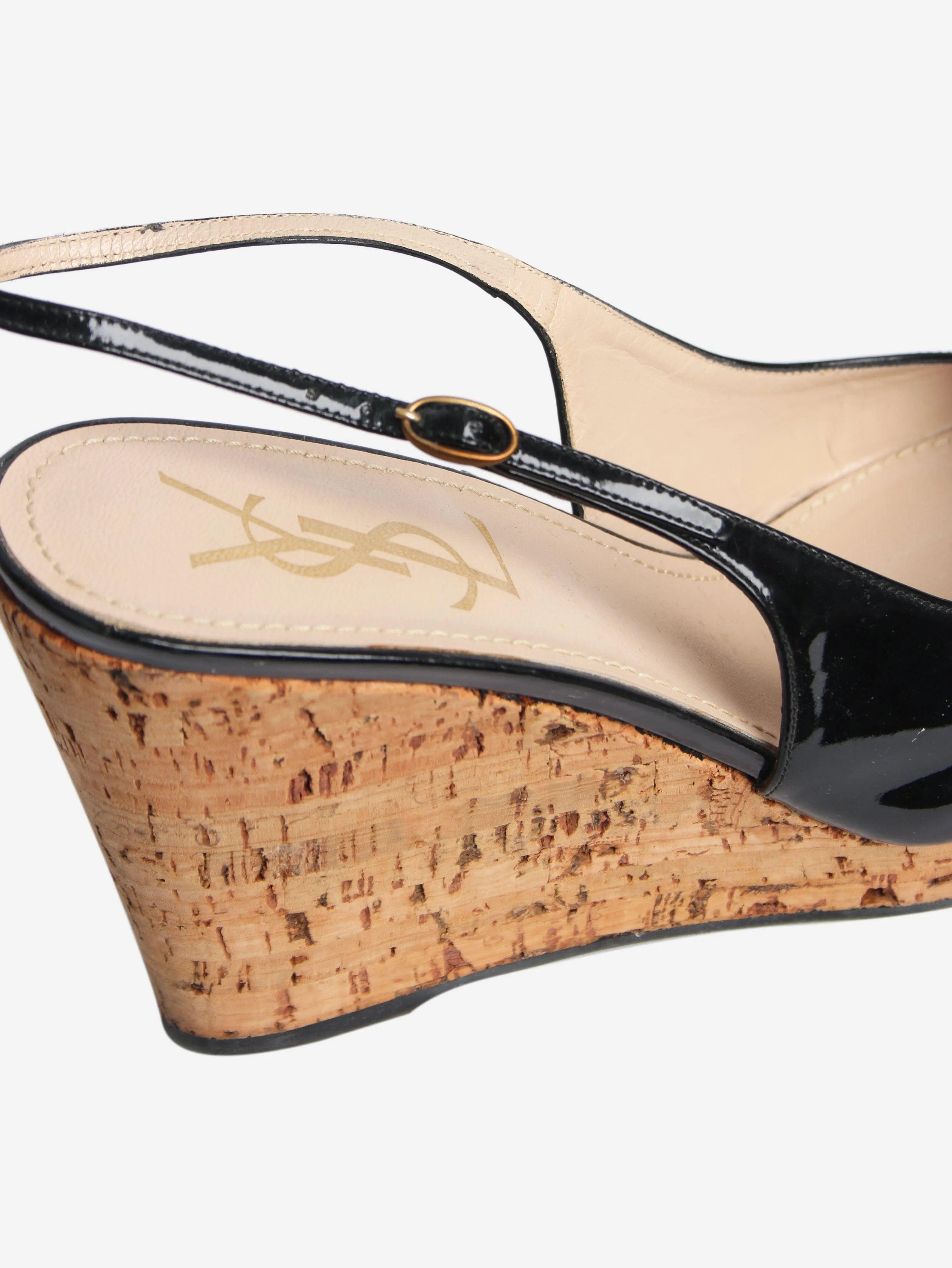 Black patent cork-wedged slingback pumps - size EU 38