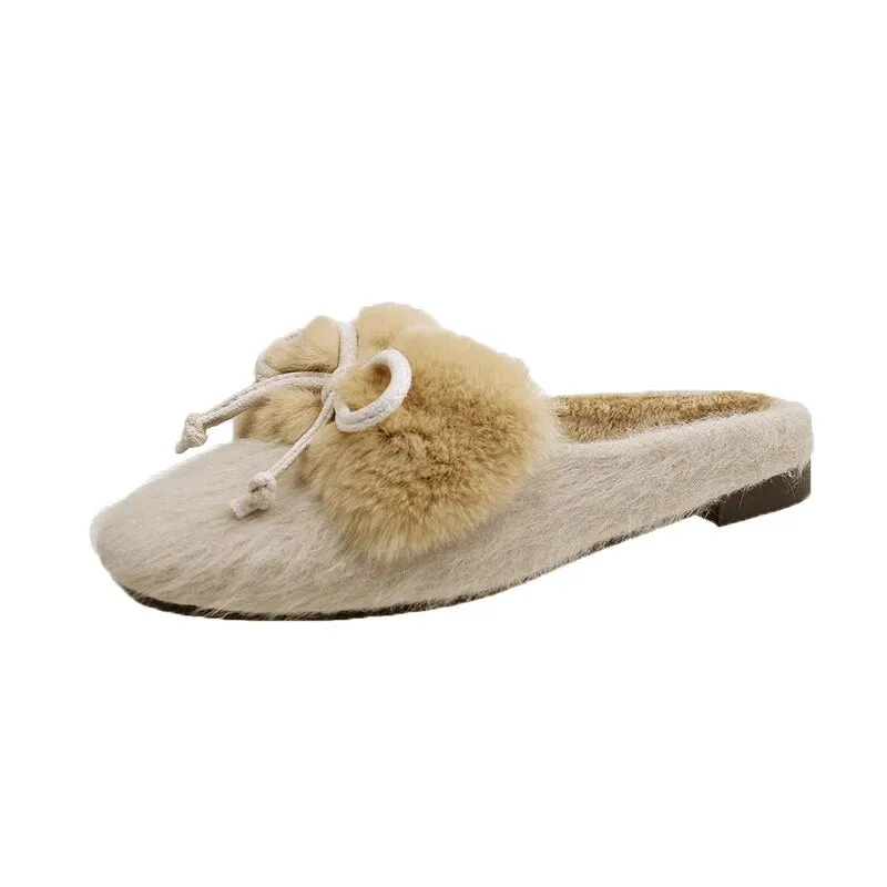 Furry Mule Slippers with a Bow for Women