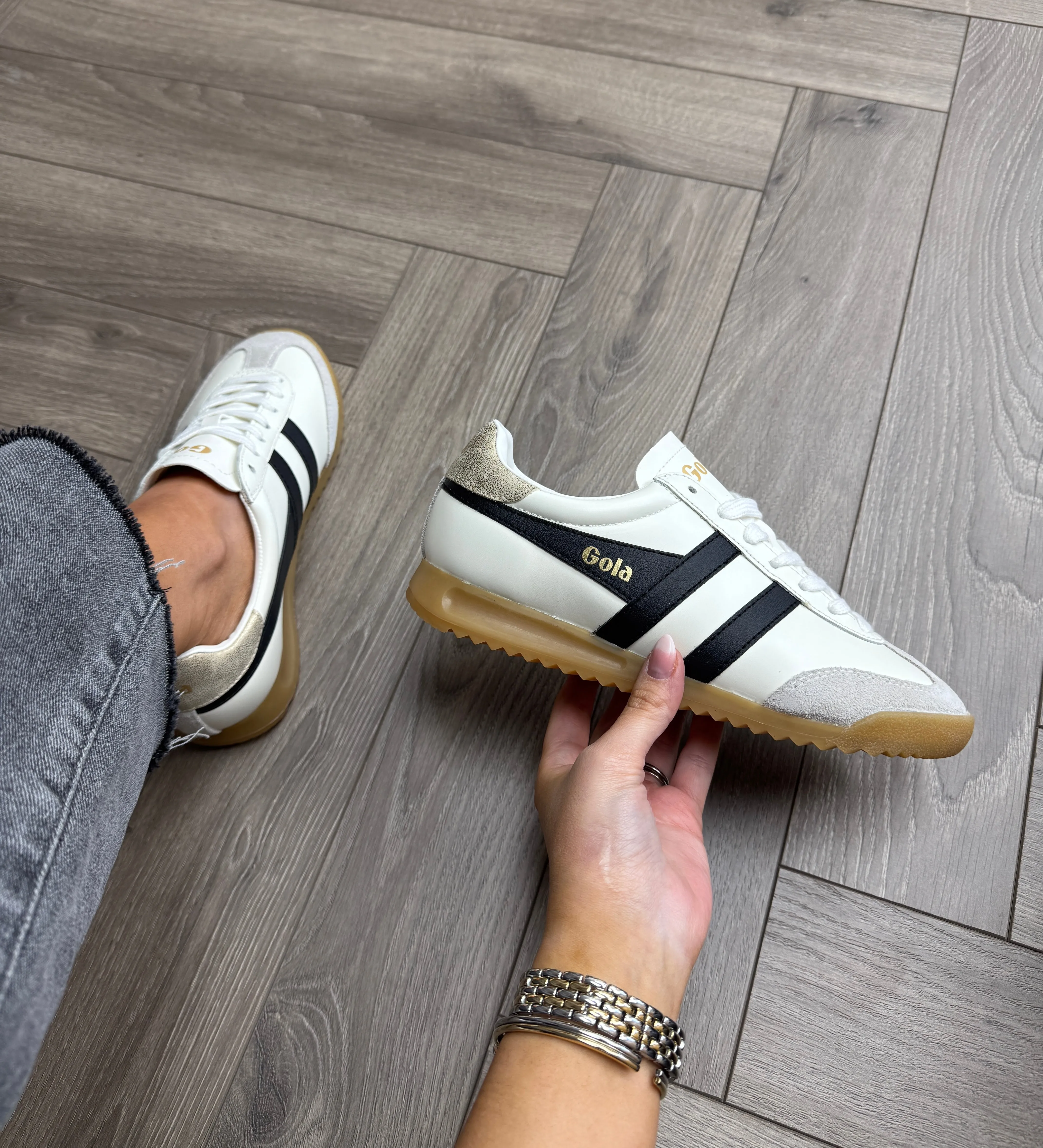 Gola (G22) Torpedo Gum Sole Trainer with Black Side Stripes CLB622 - Off White/Black/Gold