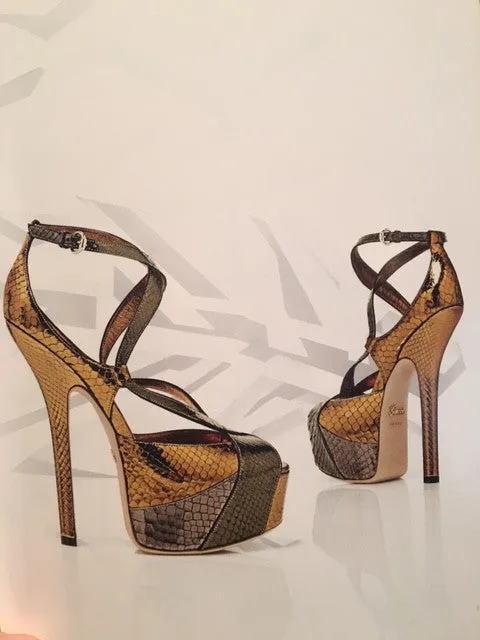 Gucci - Editorial,Bronze and Olive Green Snakeskin Platform Pumps with Ankle Straps - IT 38