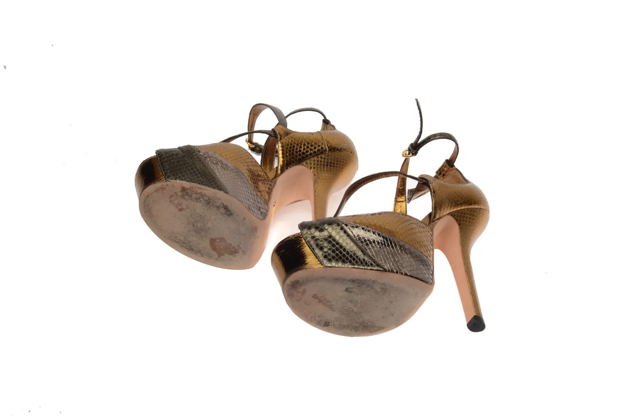 Gucci - Editorial,Bronze and Olive Green Snakeskin Platform Pumps with Ankle Straps - IT 38