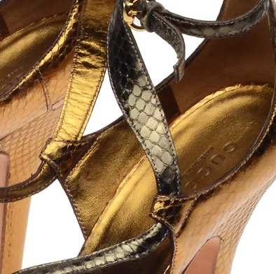 Gucci - Editorial,Bronze and Olive Green Snakeskin Platform Pumps with Ankle Straps - IT 38
