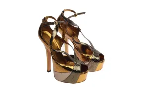 Gucci - Editorial,Bronze and Olive Green Snakeskin Platform Pumps with Ankle Straps - IT 38