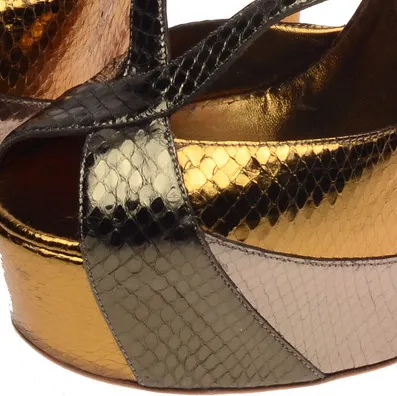 Gucci - Editorial,Bronze and Olive Green Snakeskin Platform Pumps with Ankle Straps - IT 38
