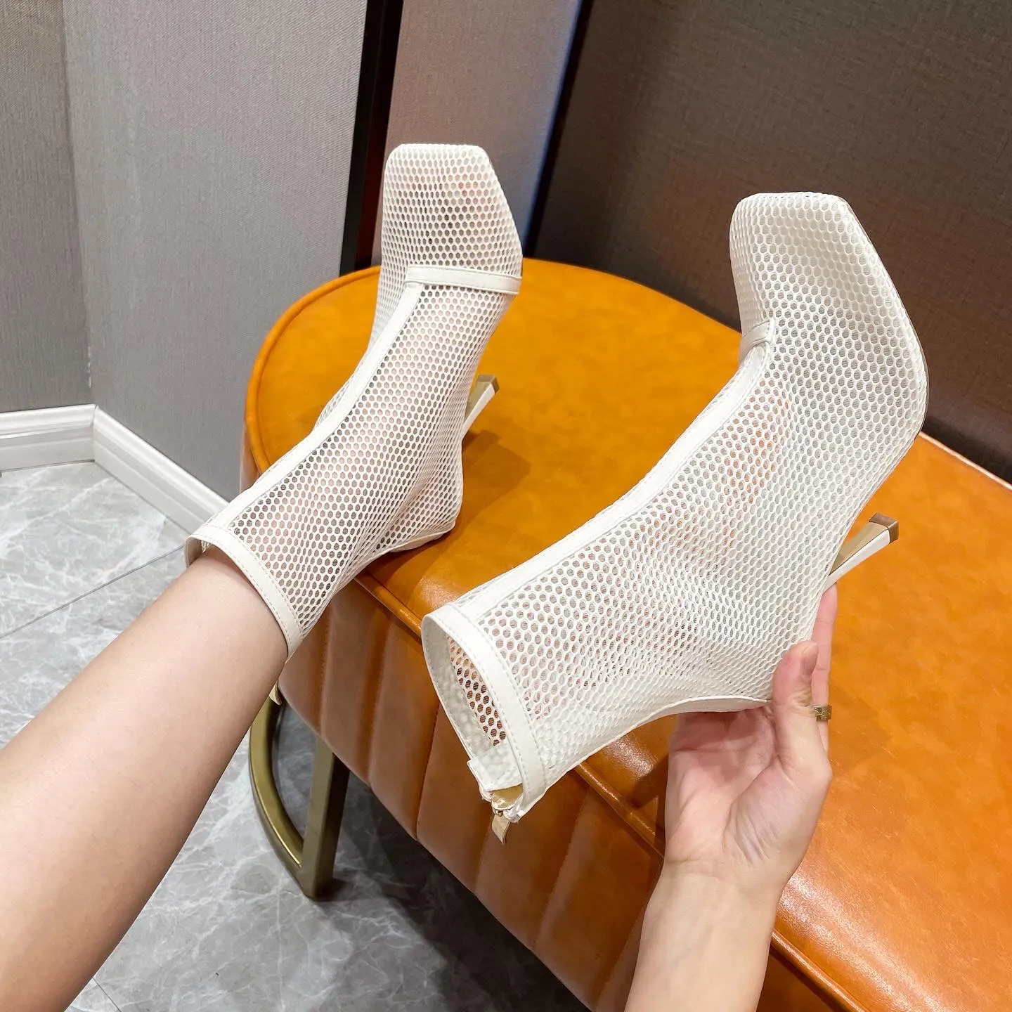 Hollow Mesh Zipper Stilettos