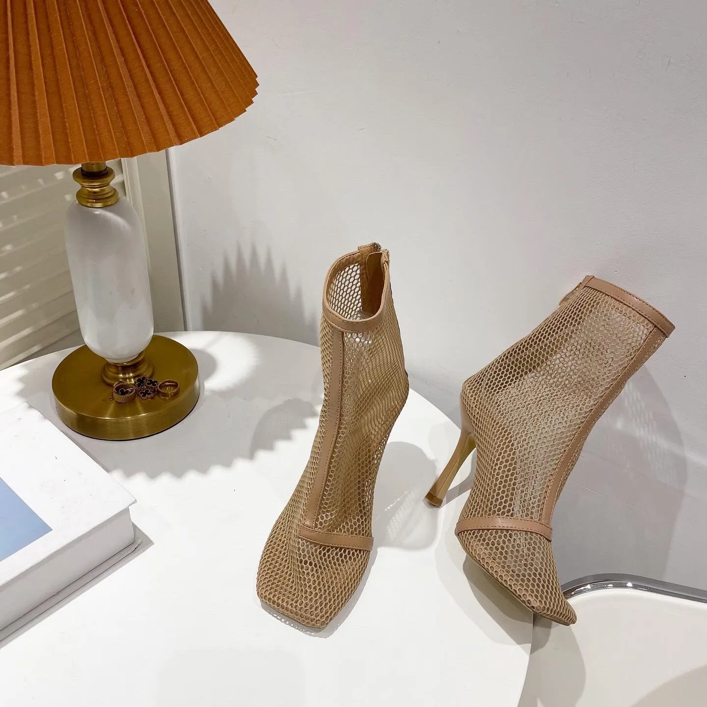 Hollow Mesh Zipper Stilettos