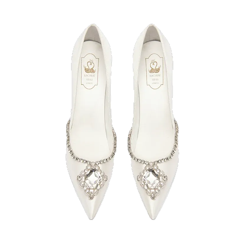 LAFAVIYI White Satin Clear Rhinestone Stiletto Shoes