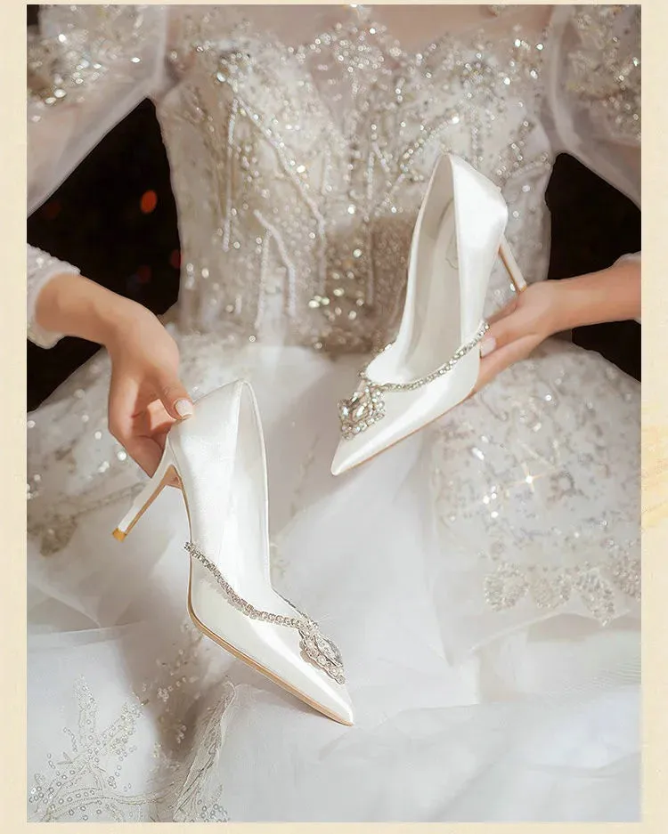 LAFAVIYI White Satin Clear Rhinestone Stiletto Shoes