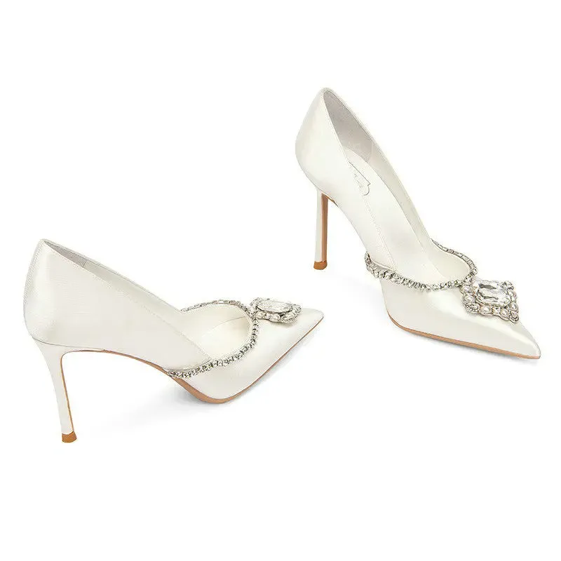 LAFAVIYI White Satin Clear Rhinestone Stiletto Shoes