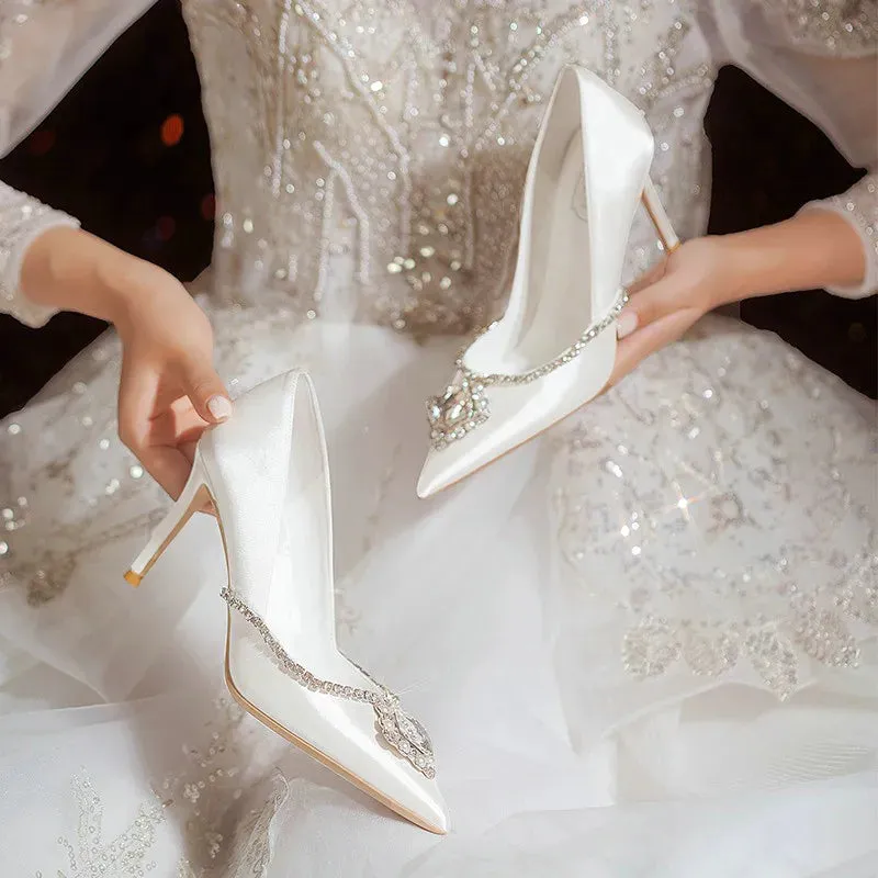 LAFAVIYI White Satin Clear Rhinestone Stiletto Shoes