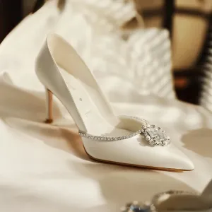 LAFAVIYI White Satin Clear Rhinestone Stiletto Shoes