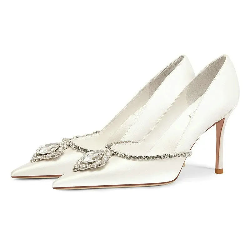 LAFAVIYI White Satin Clear Rhinestone Stiletto Shoes