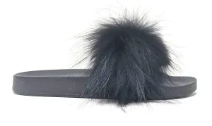 Liliana Nomi-17 Black Real Raccon Fur Slippers Slip On Slides Flat Mule (7.5)