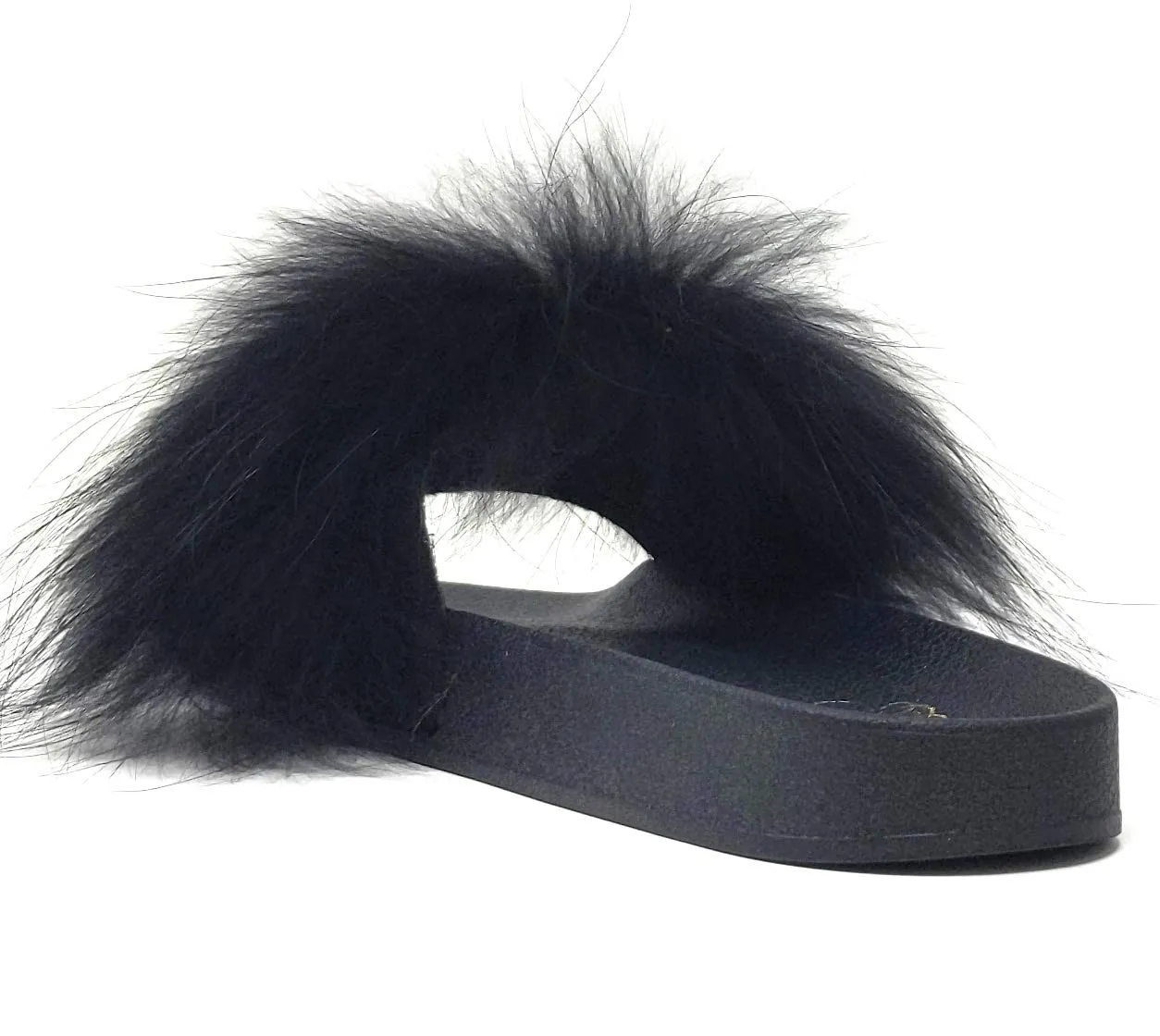 Liliana Nomi-17 Black Real Raccon Fur Slippers Slip On Slides Flat Mule (7.5)