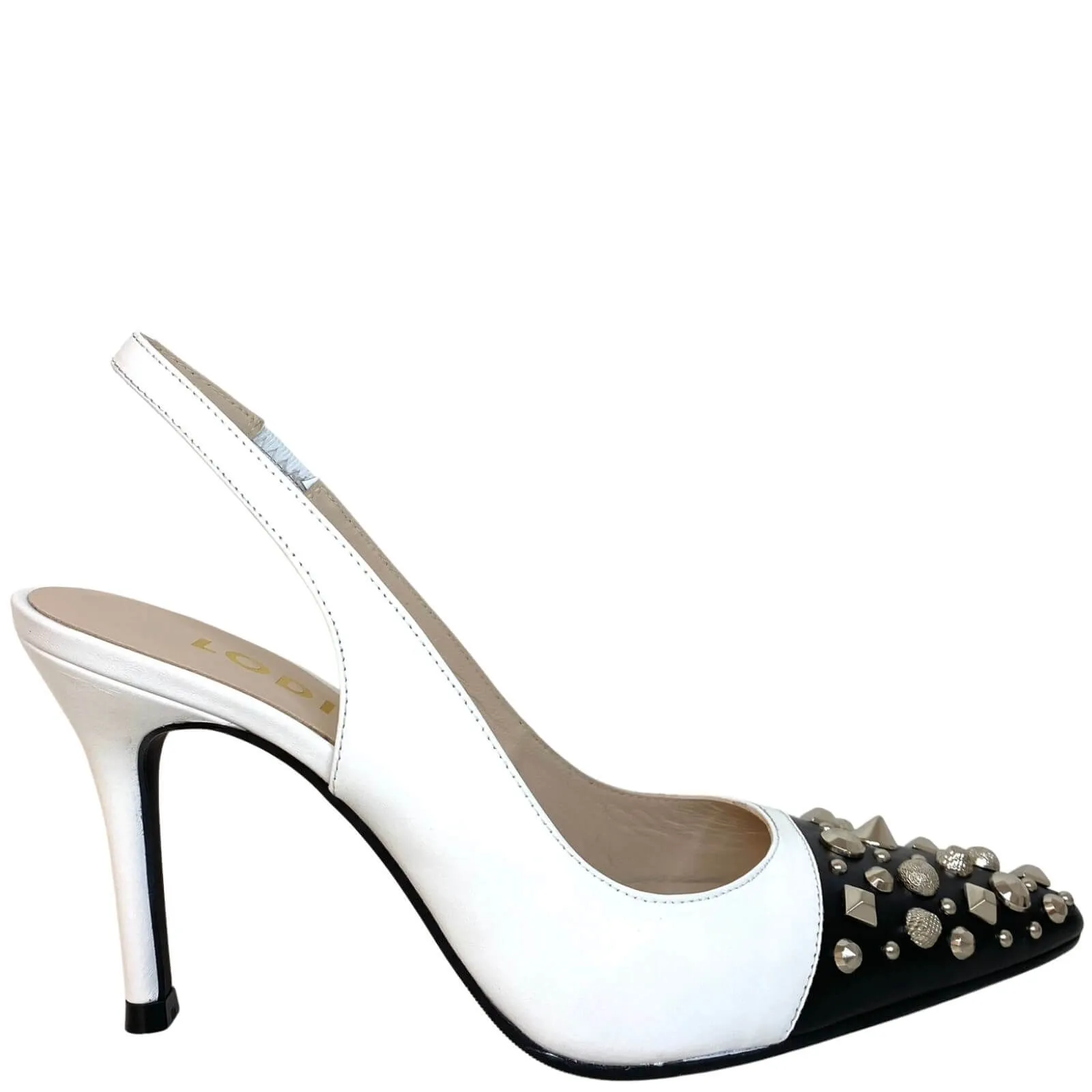 Lodi Sation Studded Sling Back Stiletto Shoes - Black White