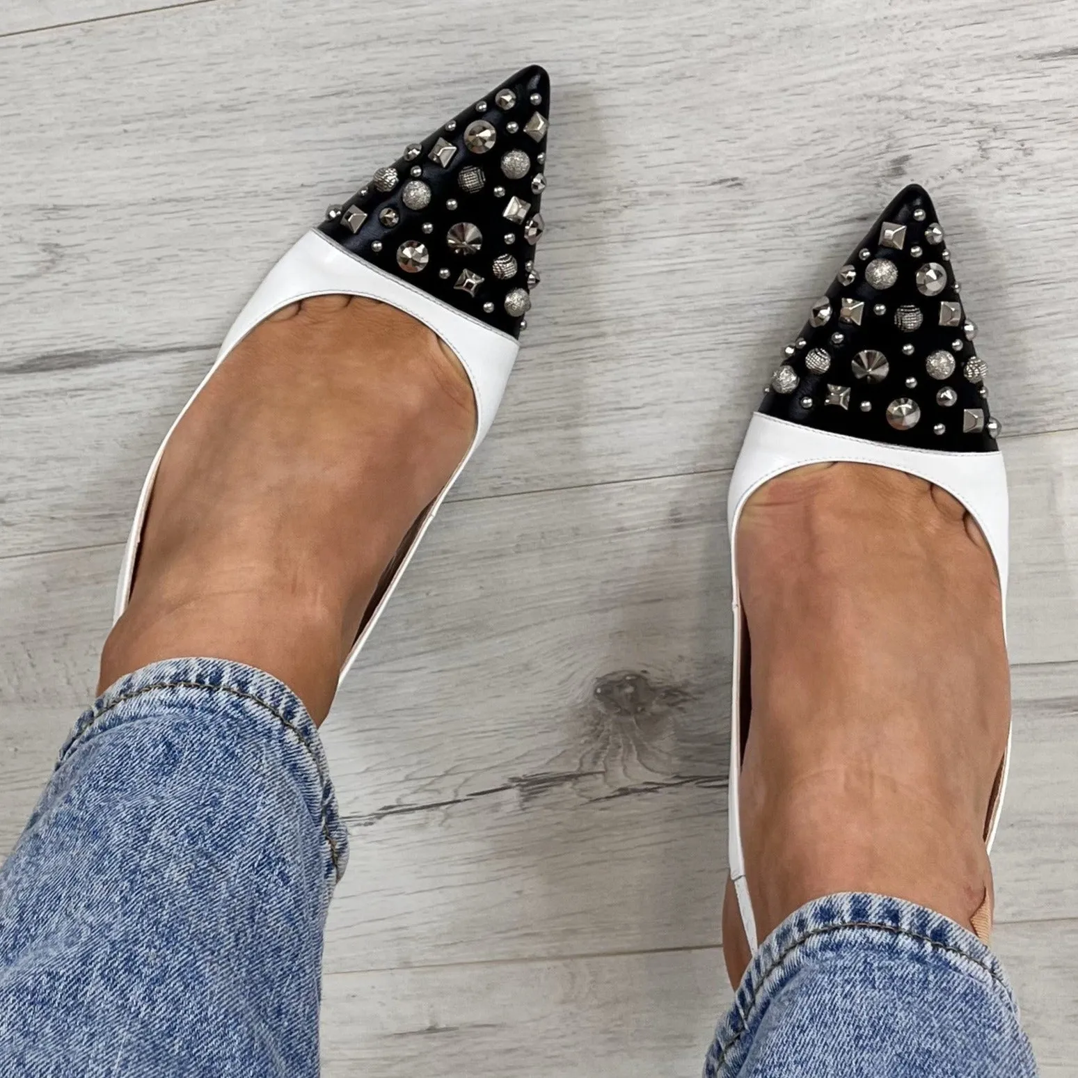 Lodi Sation Studded Sling Back Stiletto Shoes - Black White