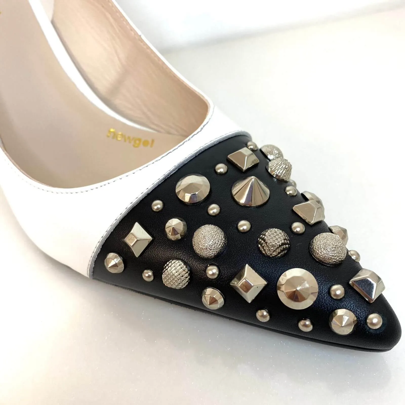 Lodi Sation Studded Sling Back Stiletto Shoes - Black White