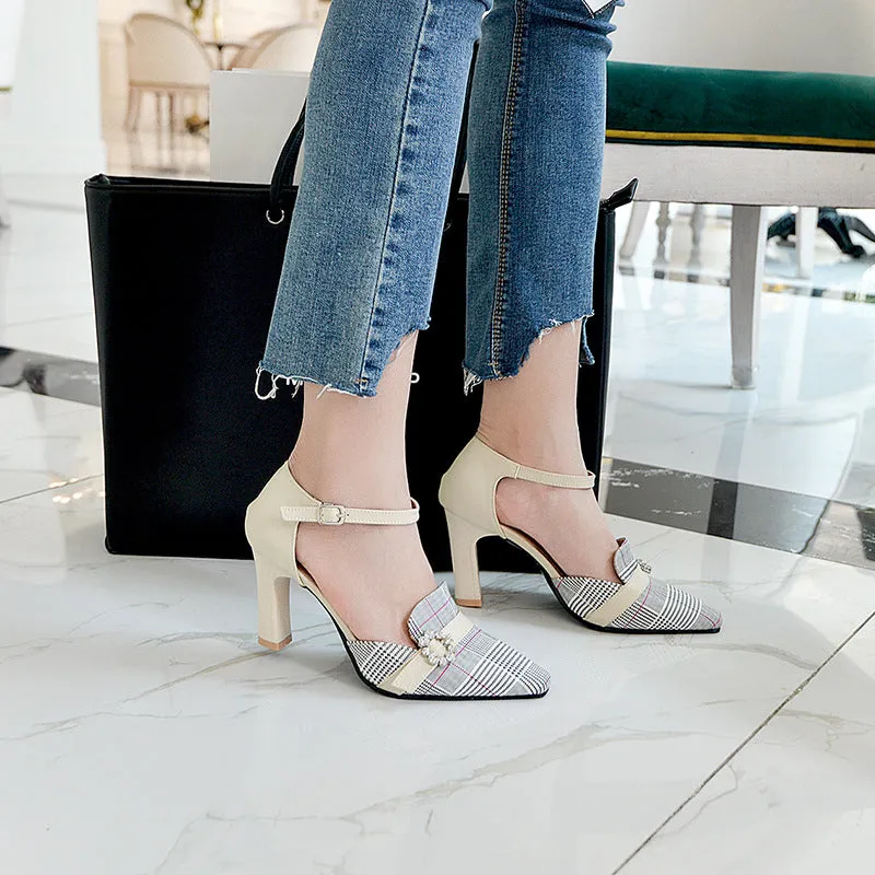 Plaid Buckle Heels Court Shoes