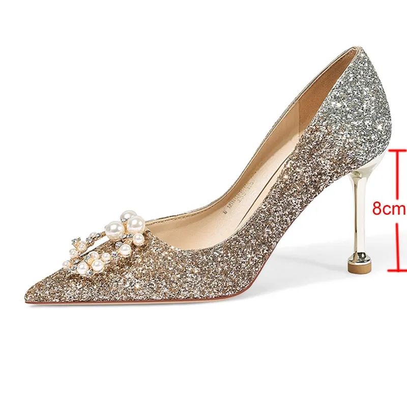Rimocy Fashion Glitter Thin Heels Pumps Women Slip-on Elegant Pearl Buckle Wedding Shoes Woman Pointed Toe High Heel Party Shoes
