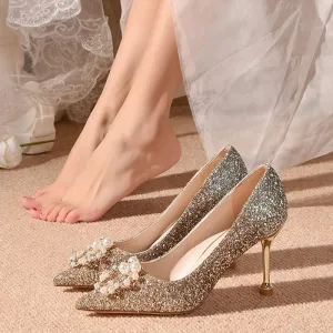 Rimocy Fashion Glitter Thin Heels Pumps Women Slip-on Elegant Pearl Buckle Wedding Shoes Woman Pointed Toe High Heel Party Shoes