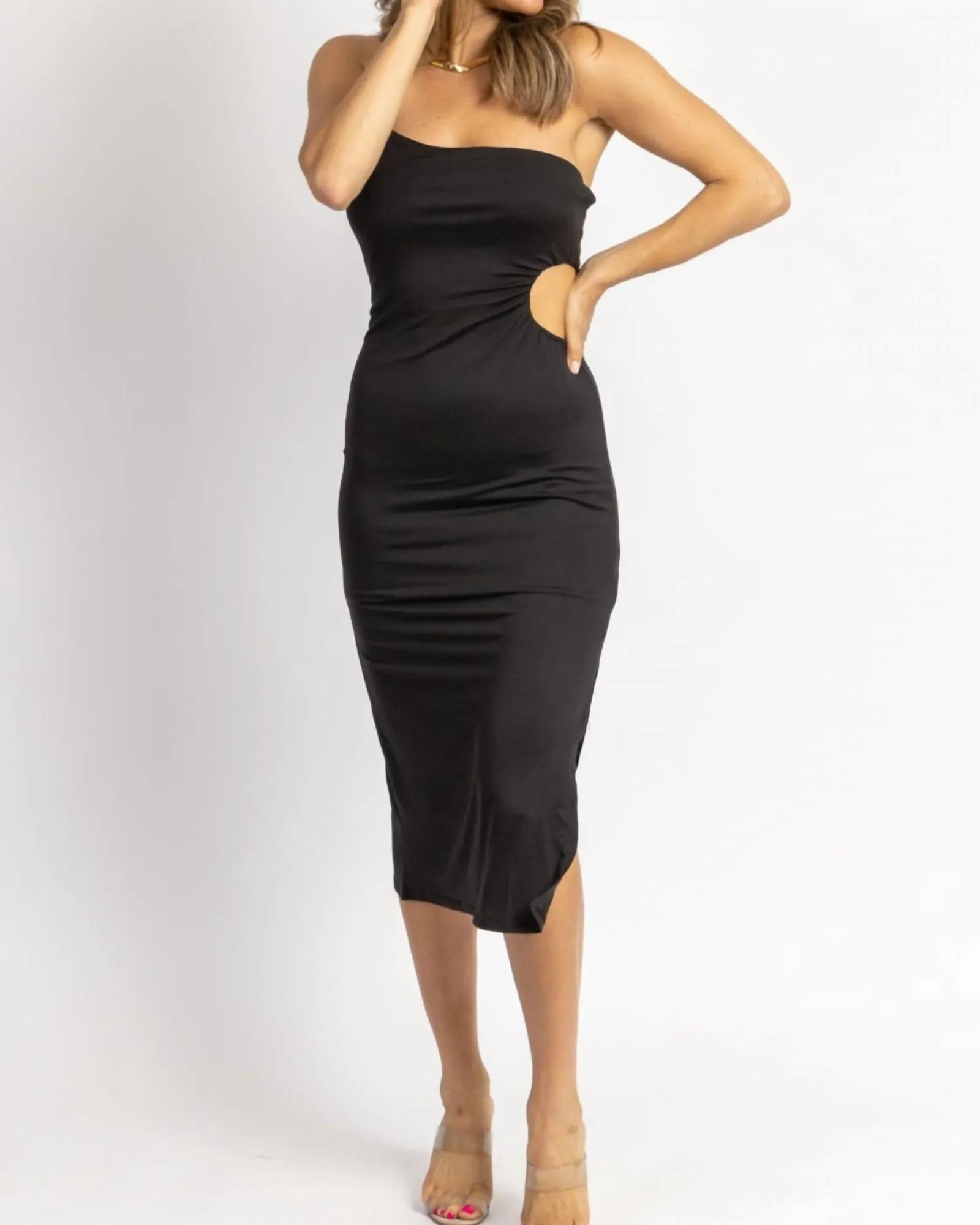 Soft Open Side One-Shoulder Midi Dress In Black | Black