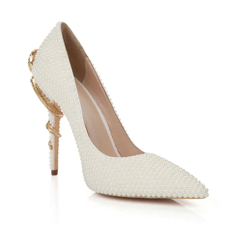 Soulmates Bridal Shop / Faux Pearl with gold embellishment / Elegant Wedding Heels for Bride