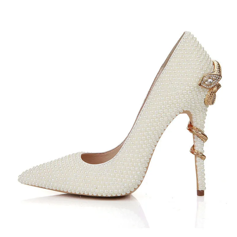 Soulmates Bridal Shop / Faux Pearl with gold embellishment / Elegant Wedding Heels for Bride
