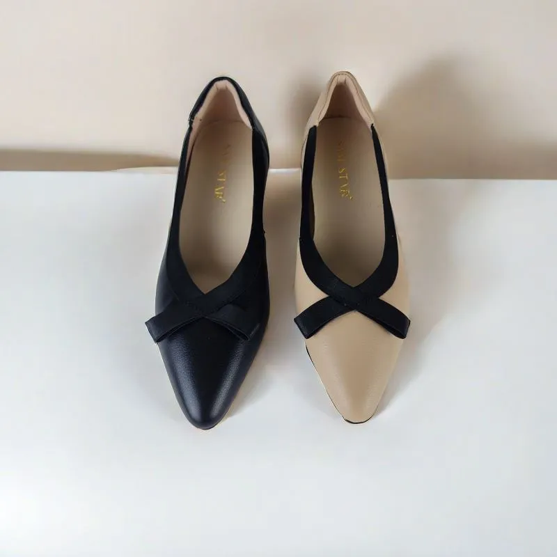SS24006  Pointy Leather pumps with bow and extra cushion( new arrival )