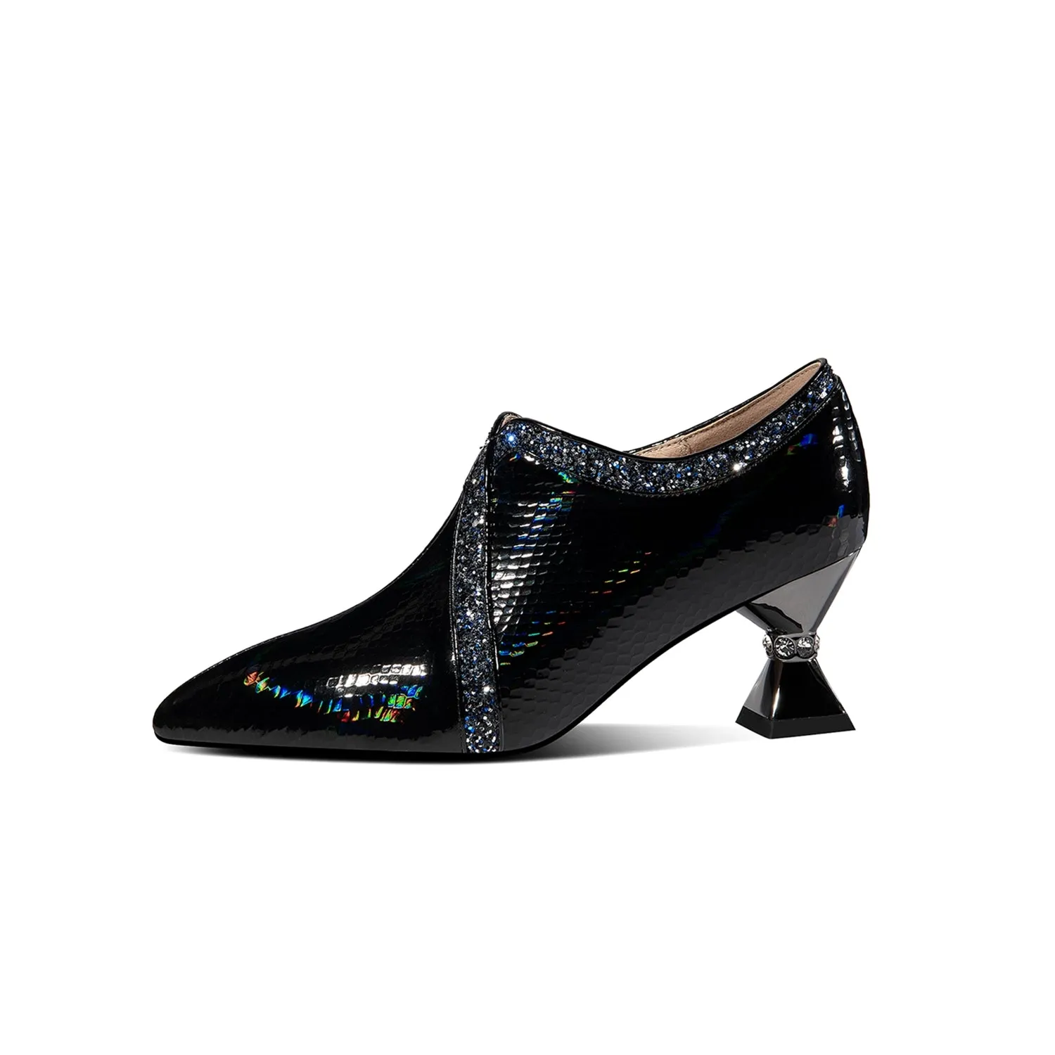 TinaCus Handmade Women's Glossy Patent Leather Slip On Side Zipper Pointed Toe Low Spool Heel Pumps Shoes