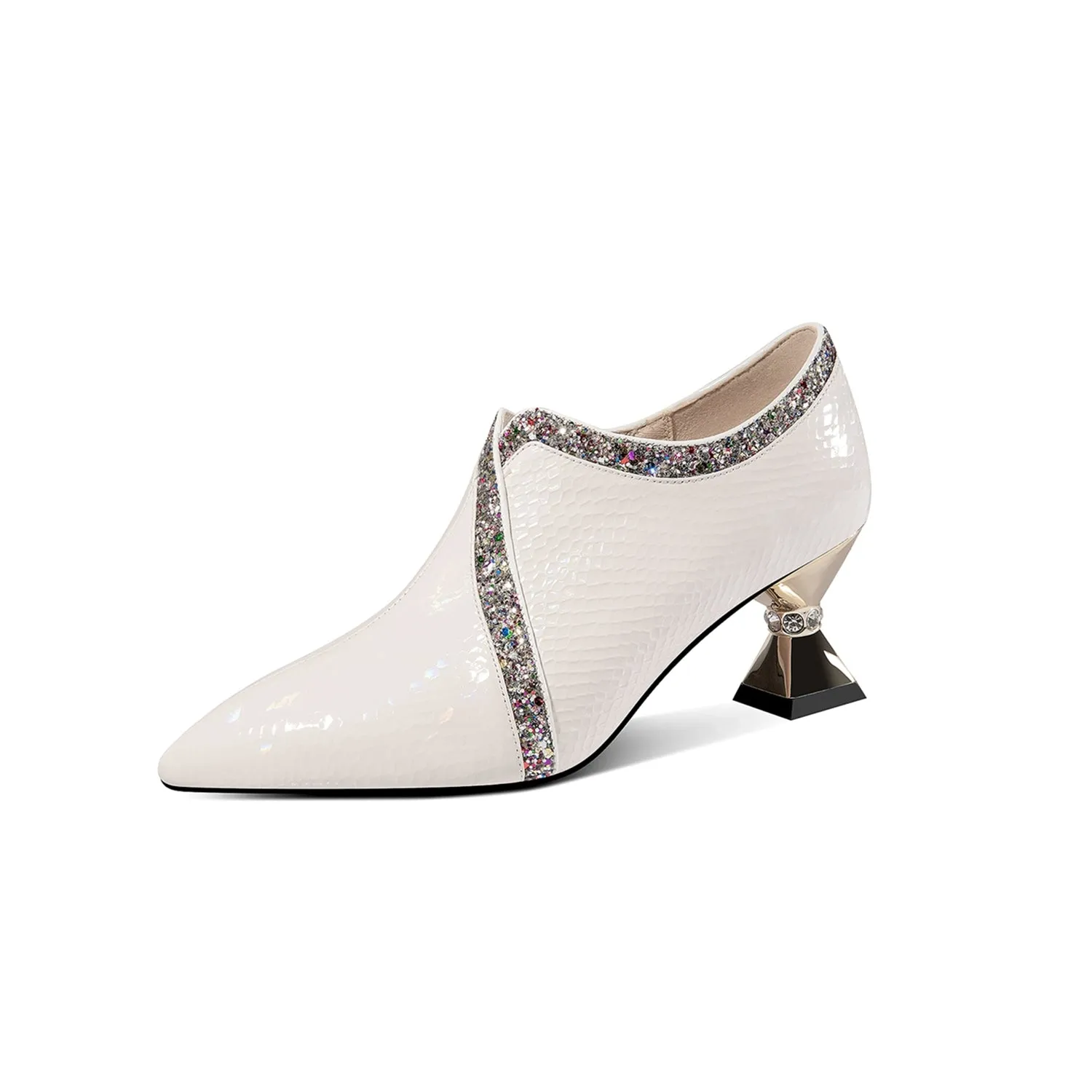 TinaCus Handmade Women's Glossy Patent Leather Slip On Side Zipper Pointed Toe Low Spool Heel Pumps Shoes
