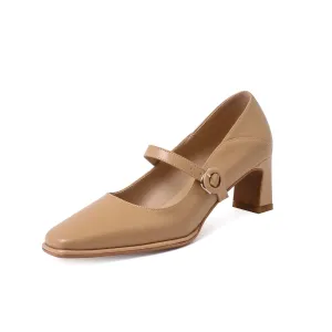 TinaCus Women's Genuine Leather Handmade Classic Square Toe Mid Heel Buckle Closure Mary Jane Pumps