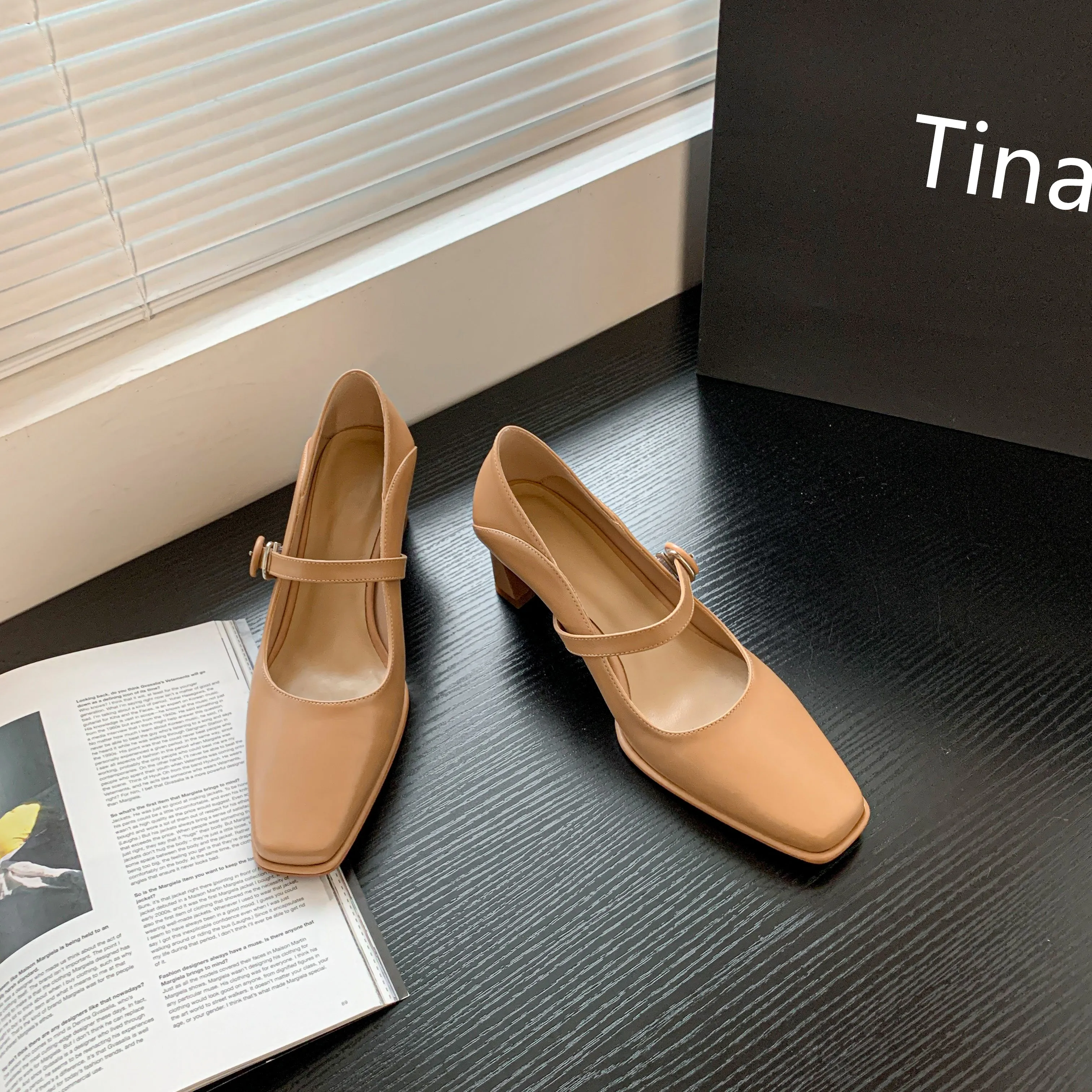 TinaCus Women's Genuine Leather Handmade Classic Square Toe Mid Heel Buckle Closure Mary Jane Pumps