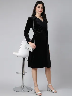 Women Black Velvet Solid V-Neck Long Sleeves Wrap Dress