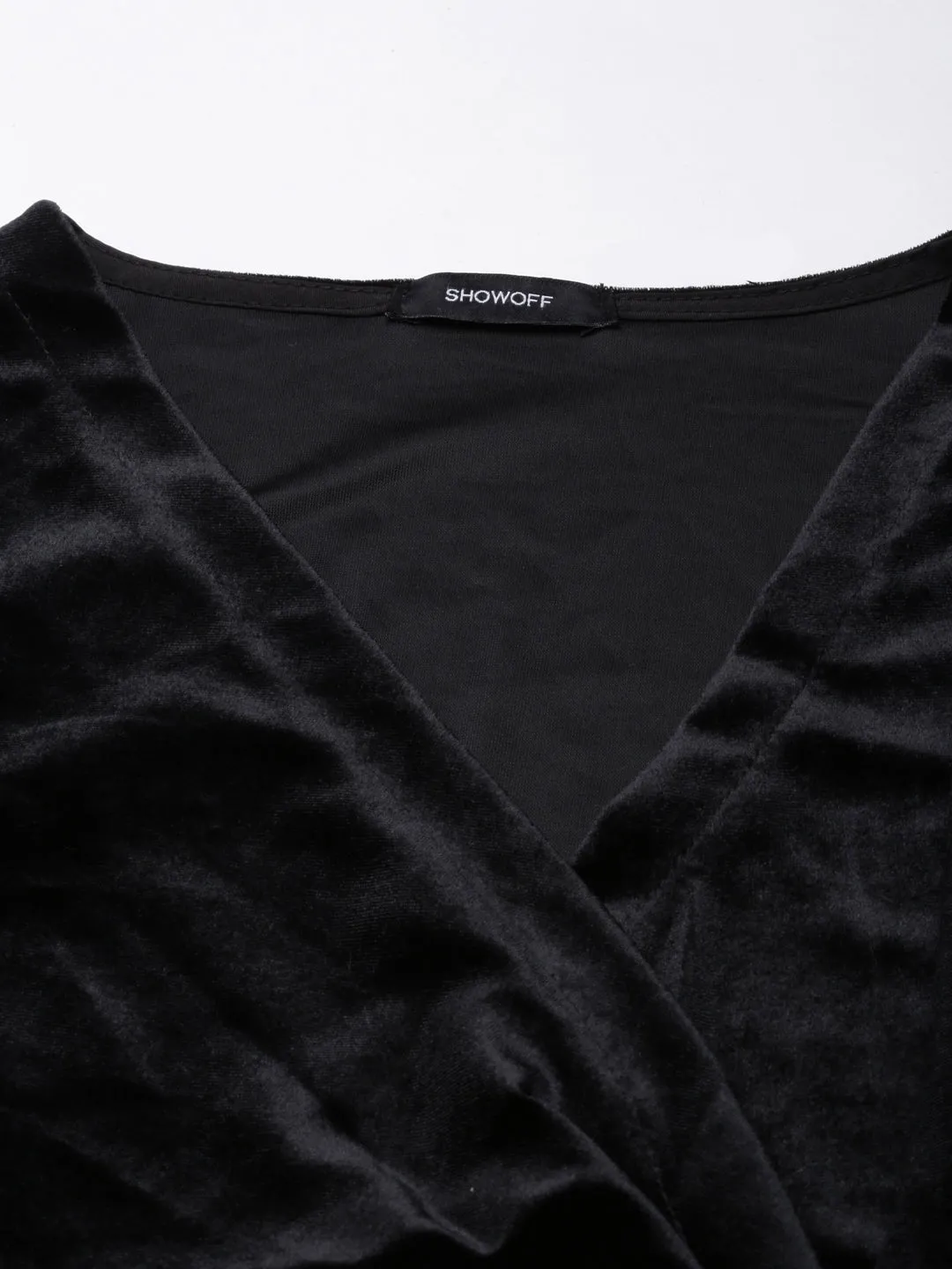 Women Black Velvet Solid V-Neck Long Sleeves Wrap Dress