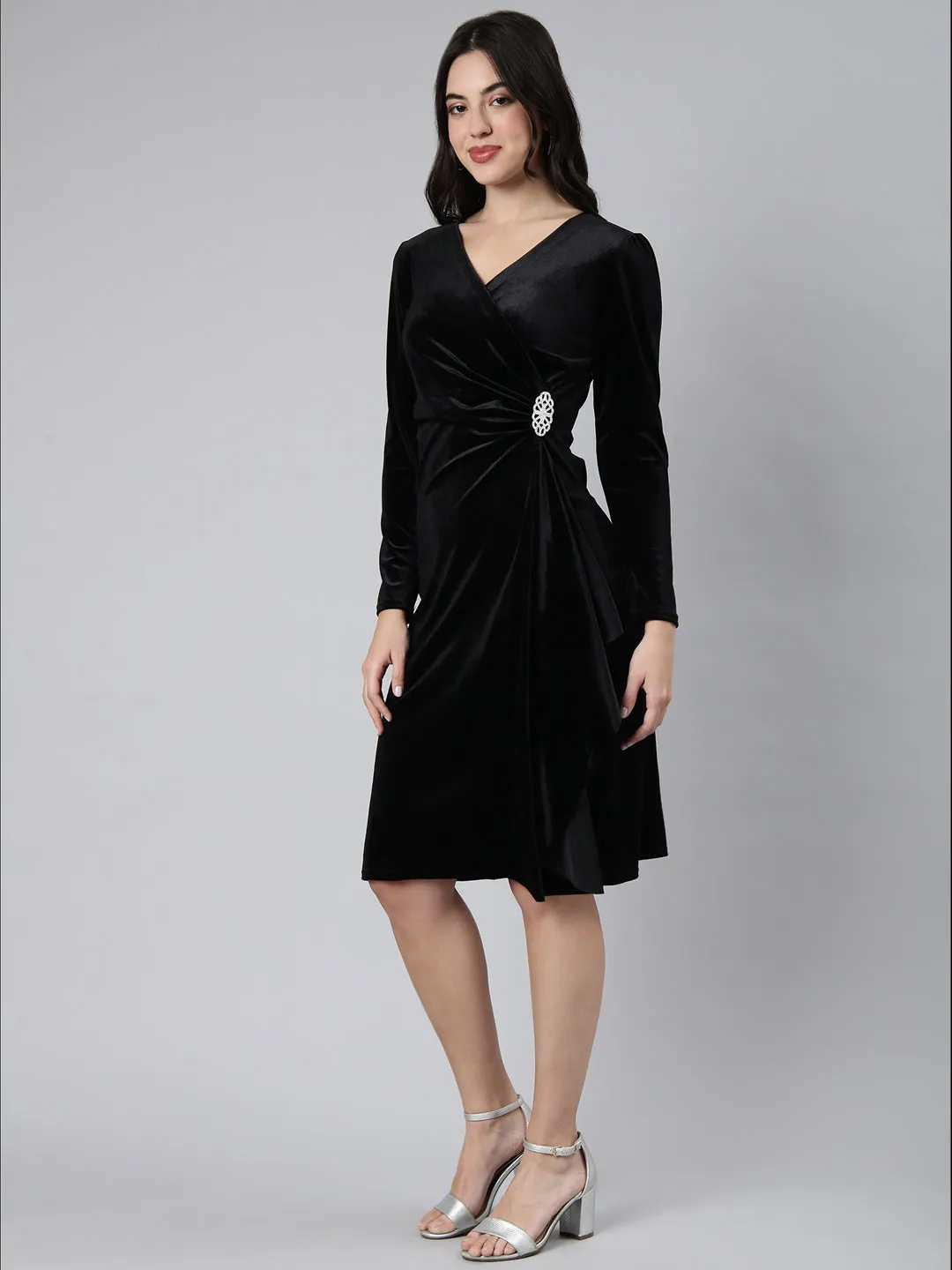 Women Black Velvet Solid V-Neck Long Sleeves Wrap Dress