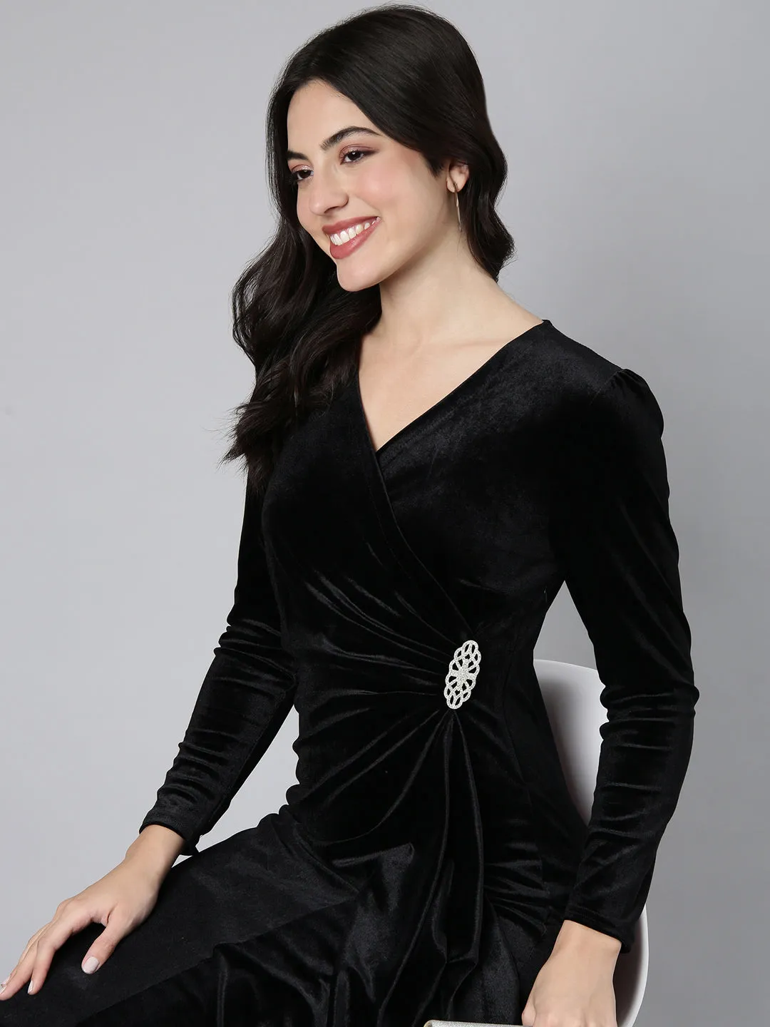 Women Black Velvet Solid V-Neck Long Sleeves Wrap Dress