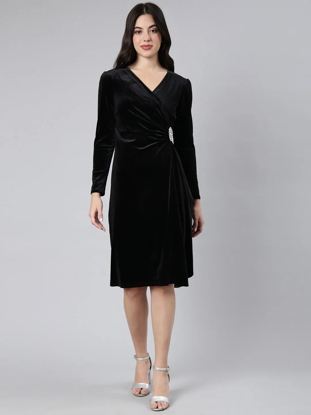 Women Black Velvet Solid V-Neck Long Sleeves Wrap Dress