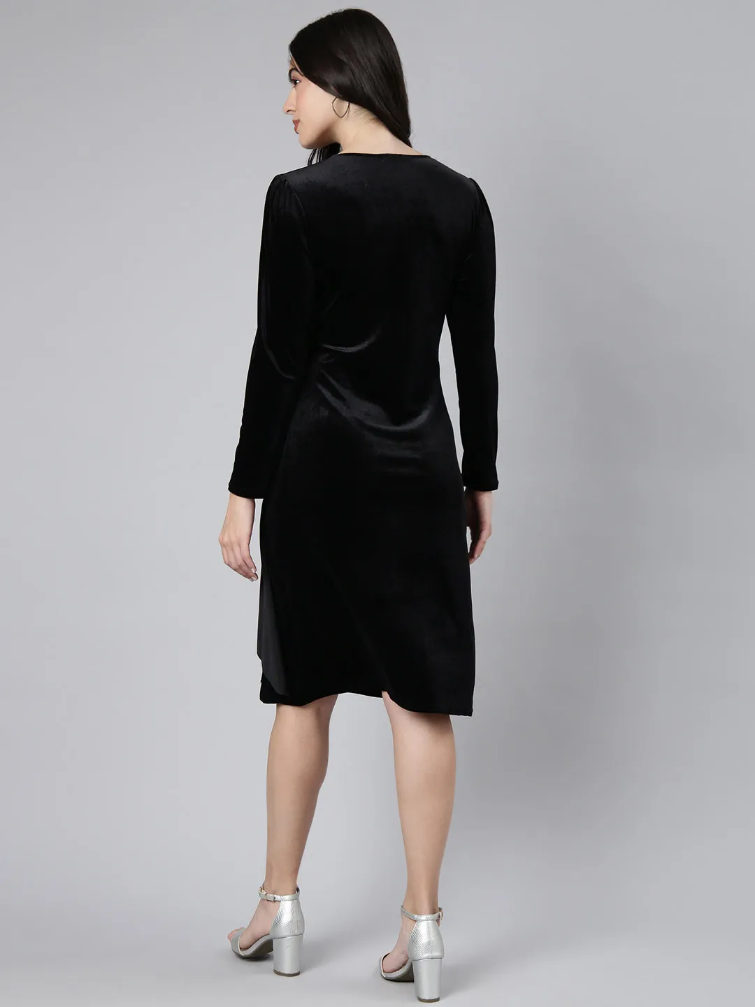 Women Black Velvet Solid V-Neck Long Sleeves Wrap Dress