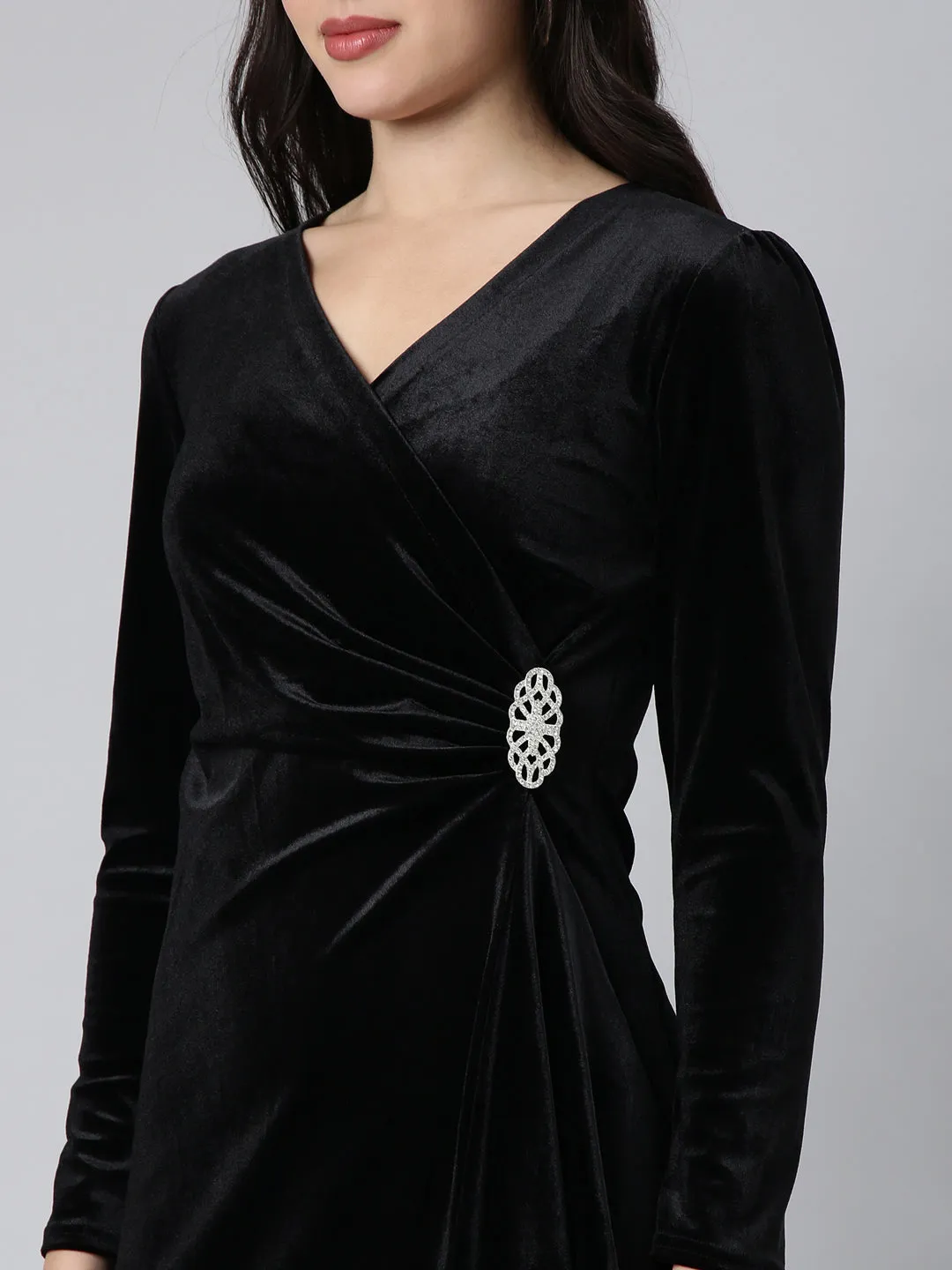 Women Black Velvet Solid V-Neck Long Sleeves Wrap Dress