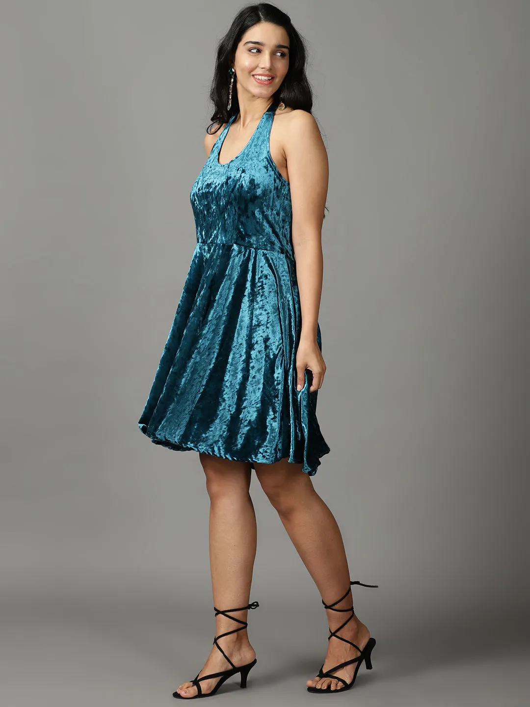 Women Turquoise Blue Sheen Detailed Velvet Fit & Flare Dress