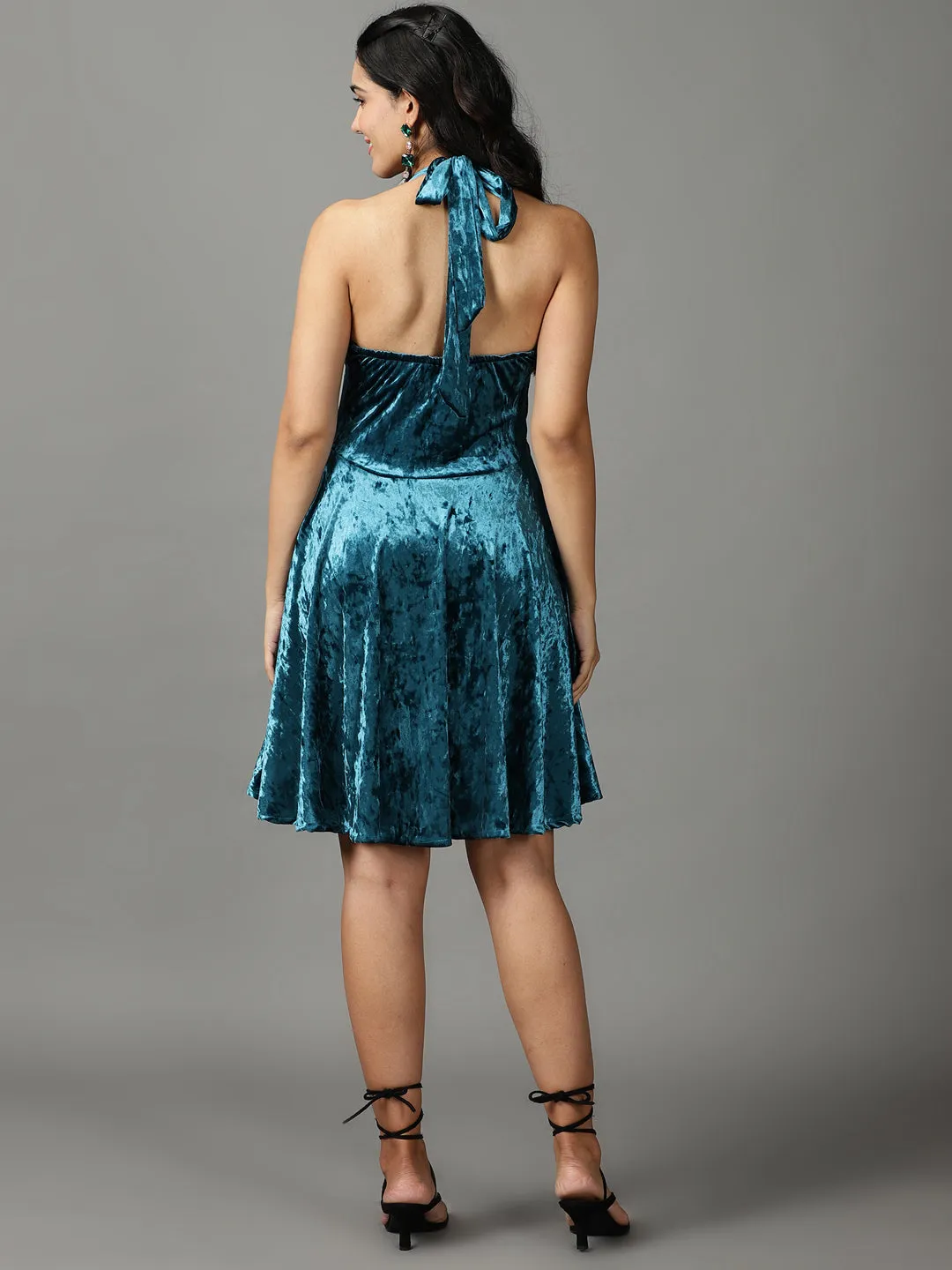 Women Turquoise Blue Sheen Detailed Velvet Fit & Flare Dress