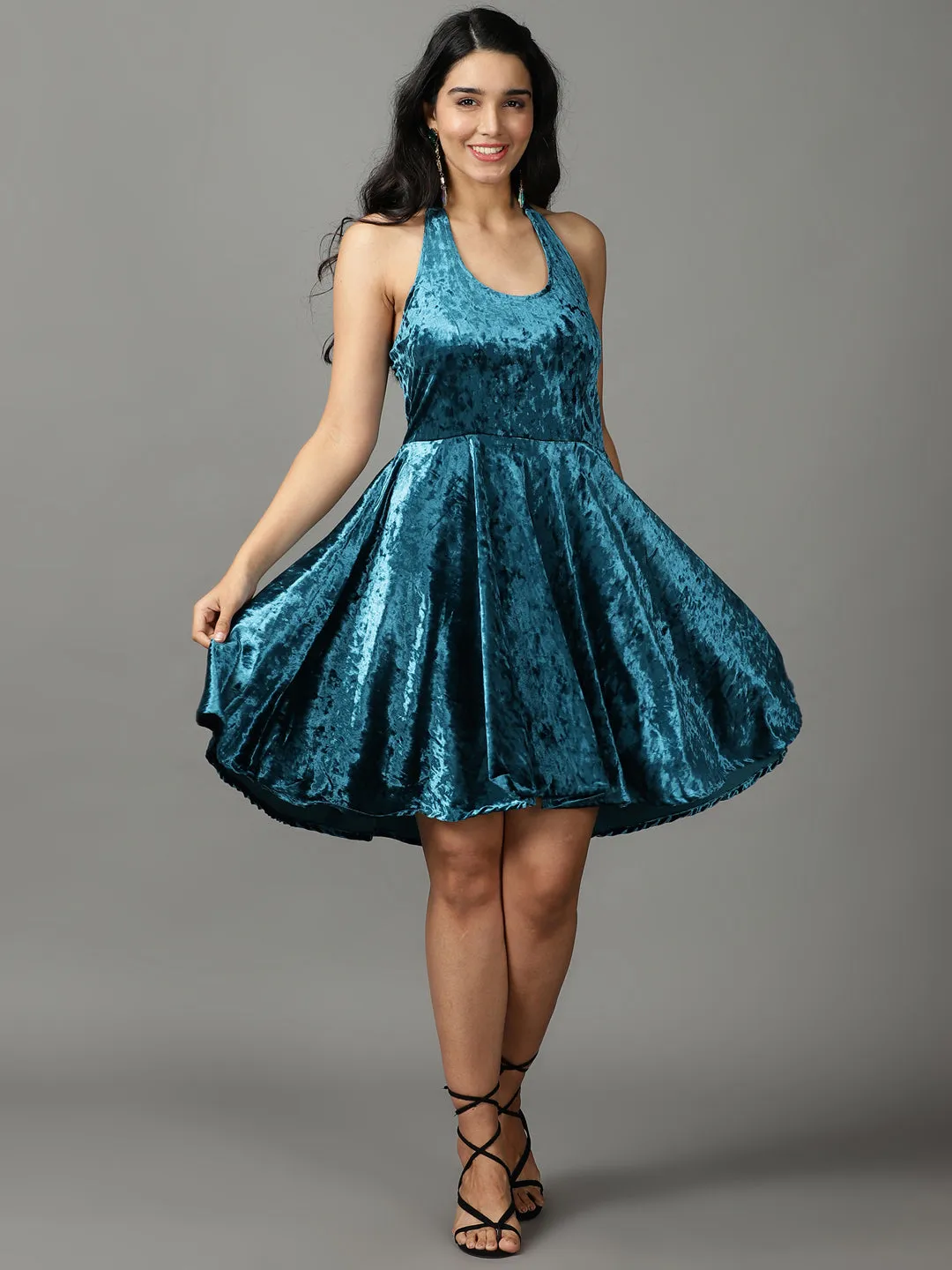 Women Turquoise Blue Sheen Detailed Velvet Fit & Flare Dress